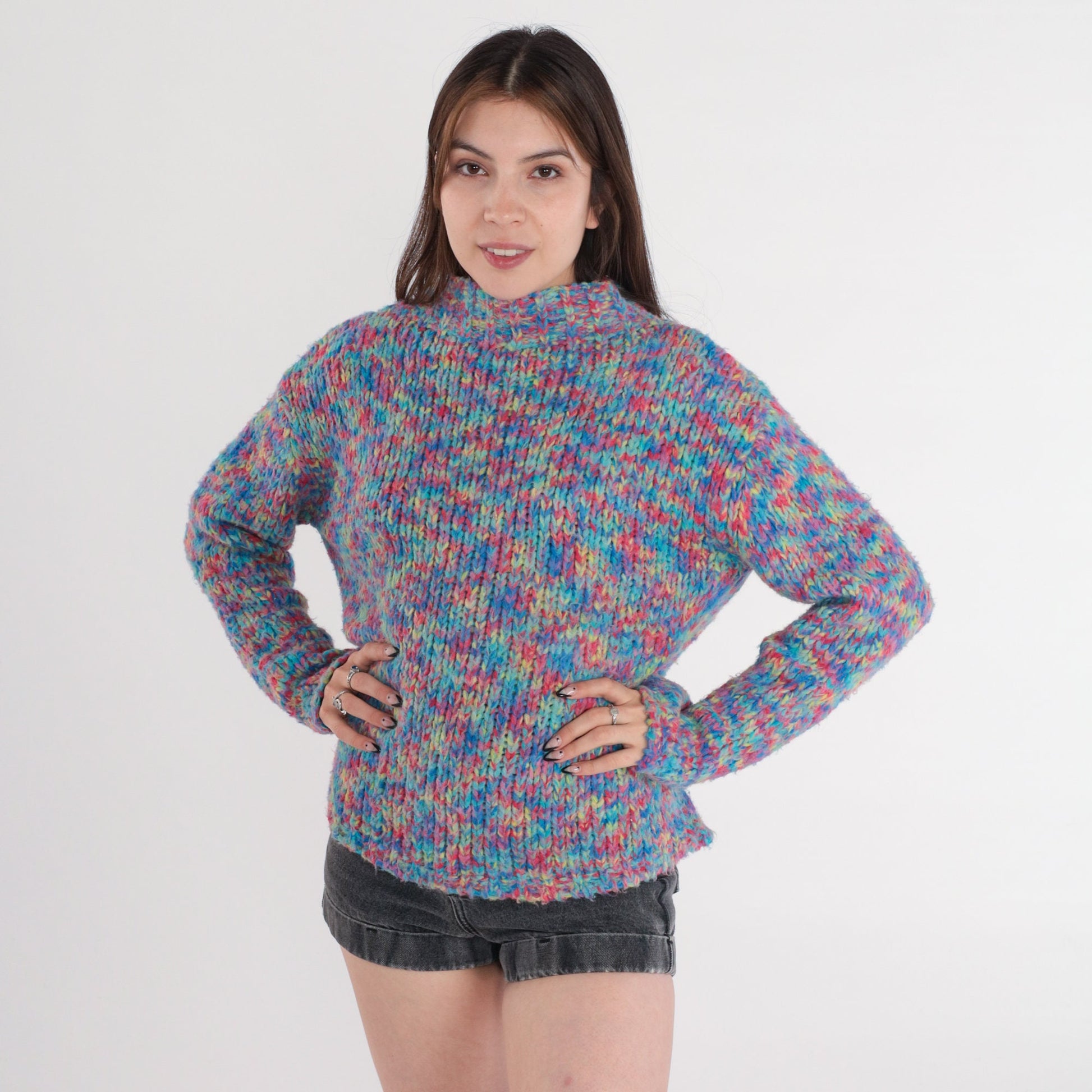 Y2K Space Dye Mockneck Sweater Multicolor Chunky Knit Pullover XS