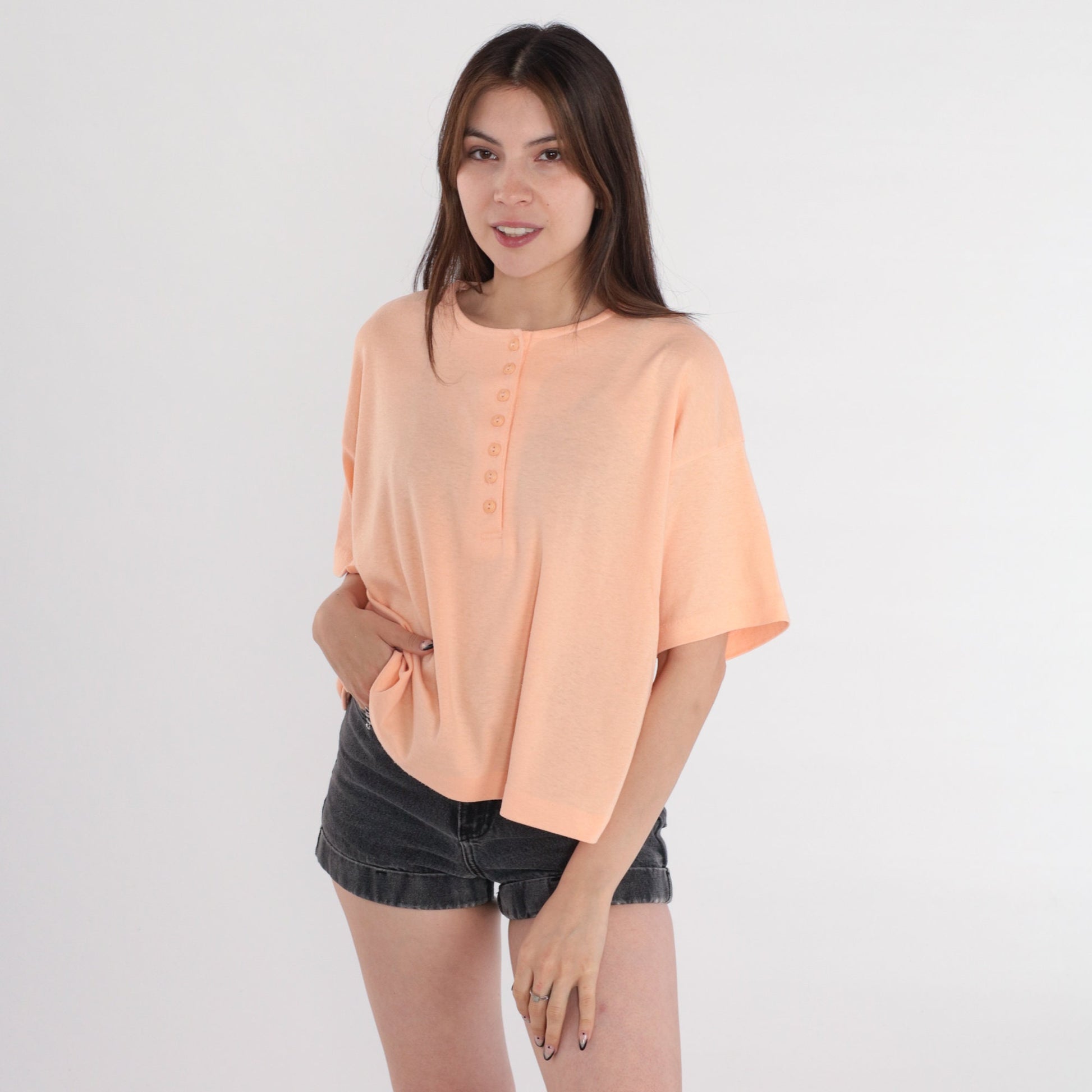80s Catalina Peach Henley T-Shirt Cotton Single Stitch Medium