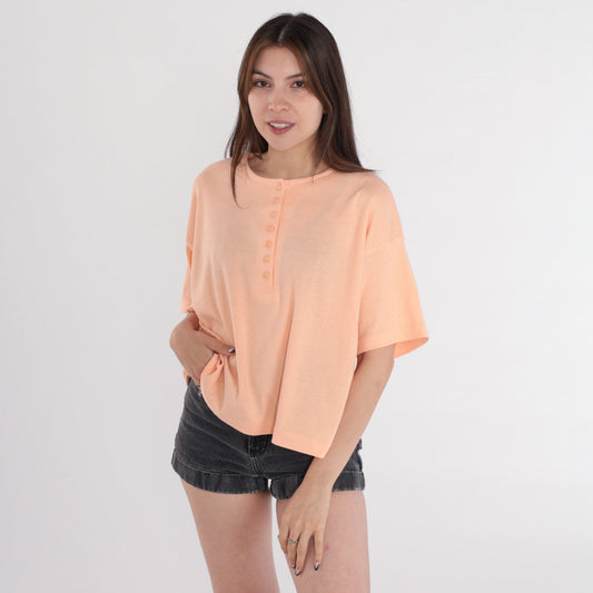 80s Catalina Peach Henley T-Shirt Cotton Single Stitch Medium