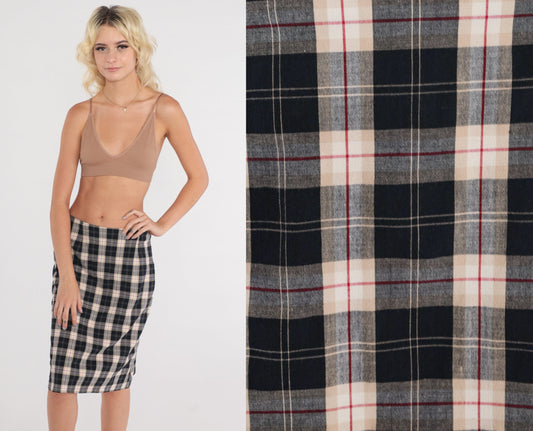 90s Checkered Mini Skirt Black Tan High Waist Pencil Skirt Medium