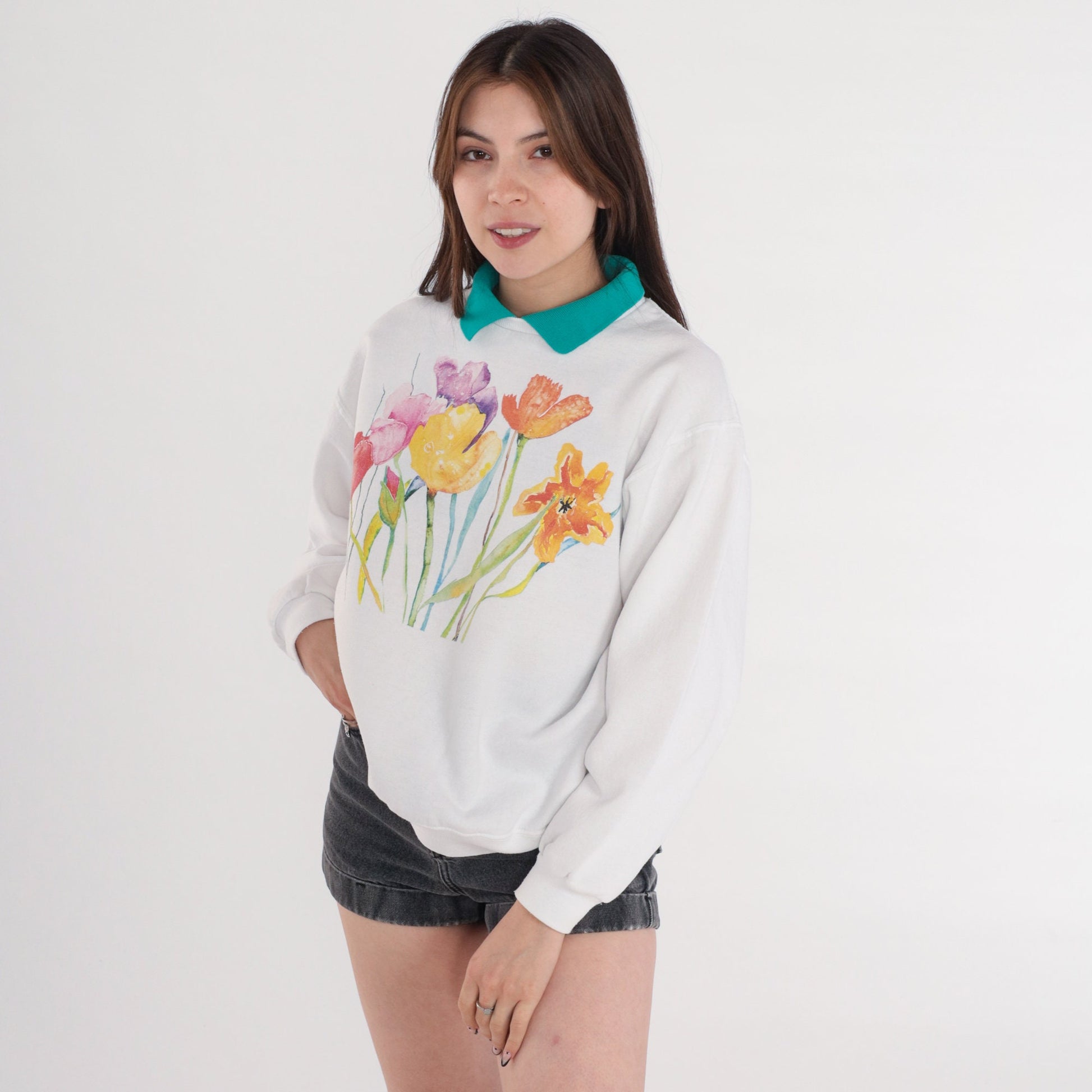 00s Jerzees Watercolor Floral Sweatshirt White Green Collar Medium