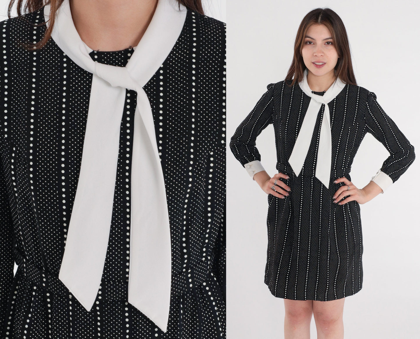 60s Lanz Originals Mod Mini Dress Black White Dot Ascot Tie Small