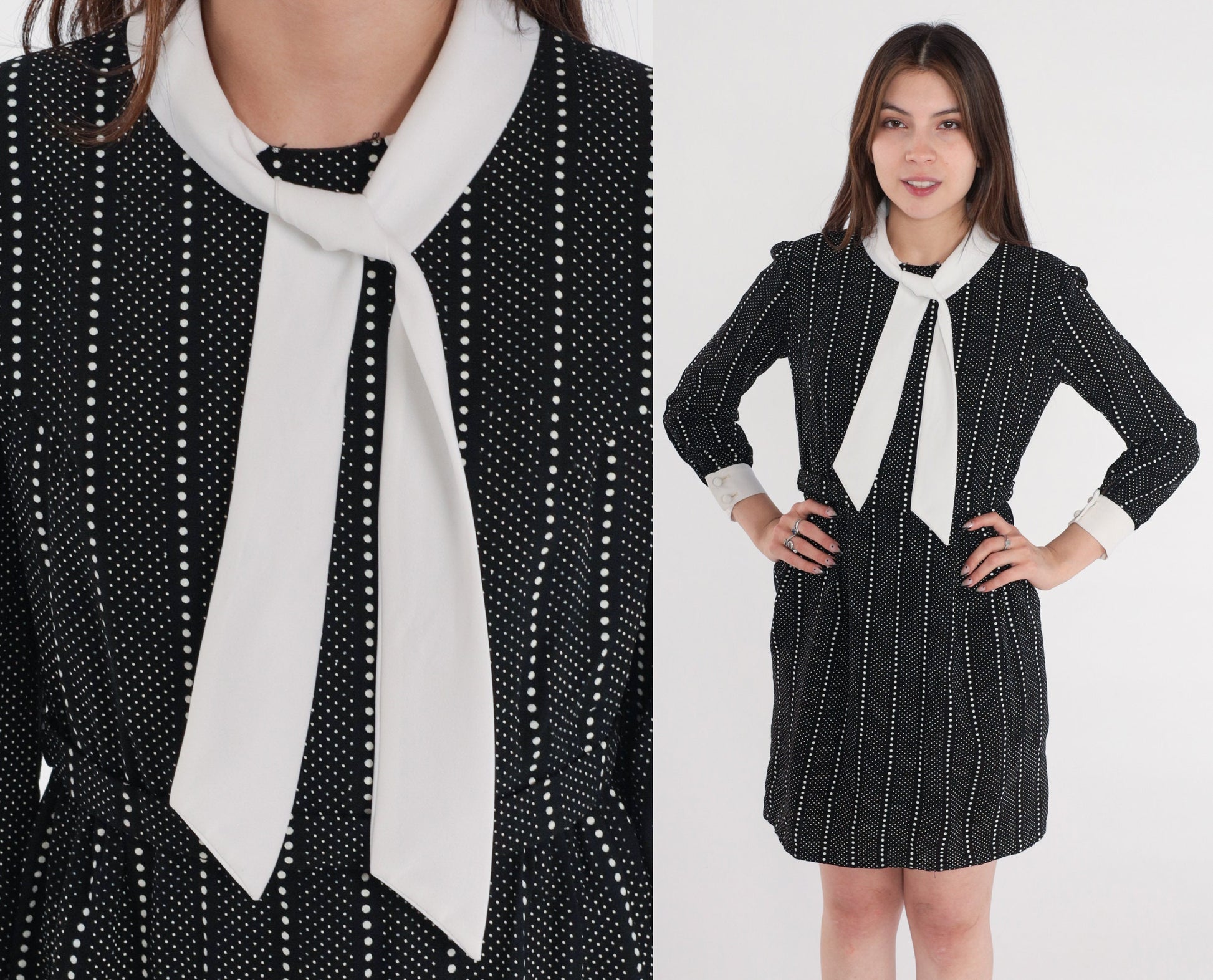 60s Lanz Originals Mod Mini Dress Black White Dot Ascot Tie Small
