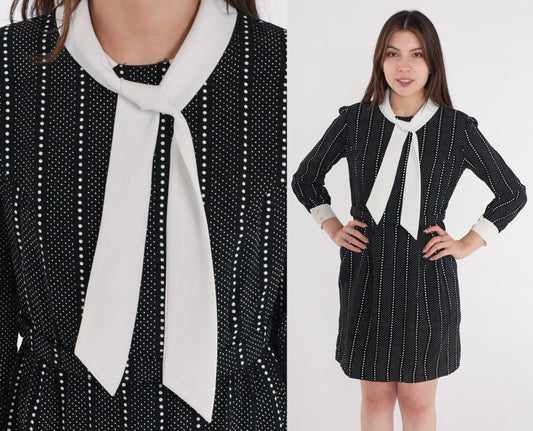 60s Lanz Originals Mod Mini Dress Black White Dot Ascot Tie Small