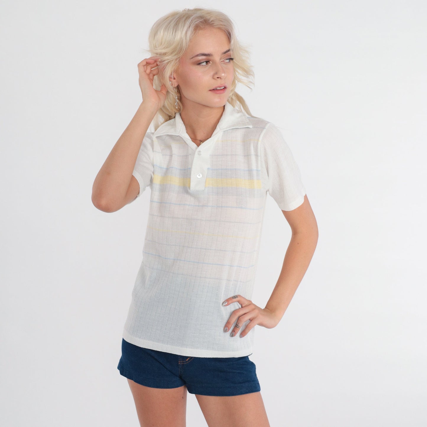 70s Striped Polo Shirt White Baby Blue Pastel Yellow Small