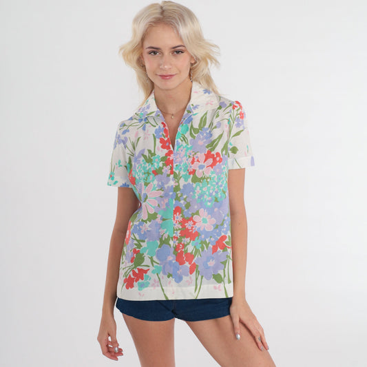 70s White Floral Puff Sleeve Blouse V Neck Tunic Extra Small XS