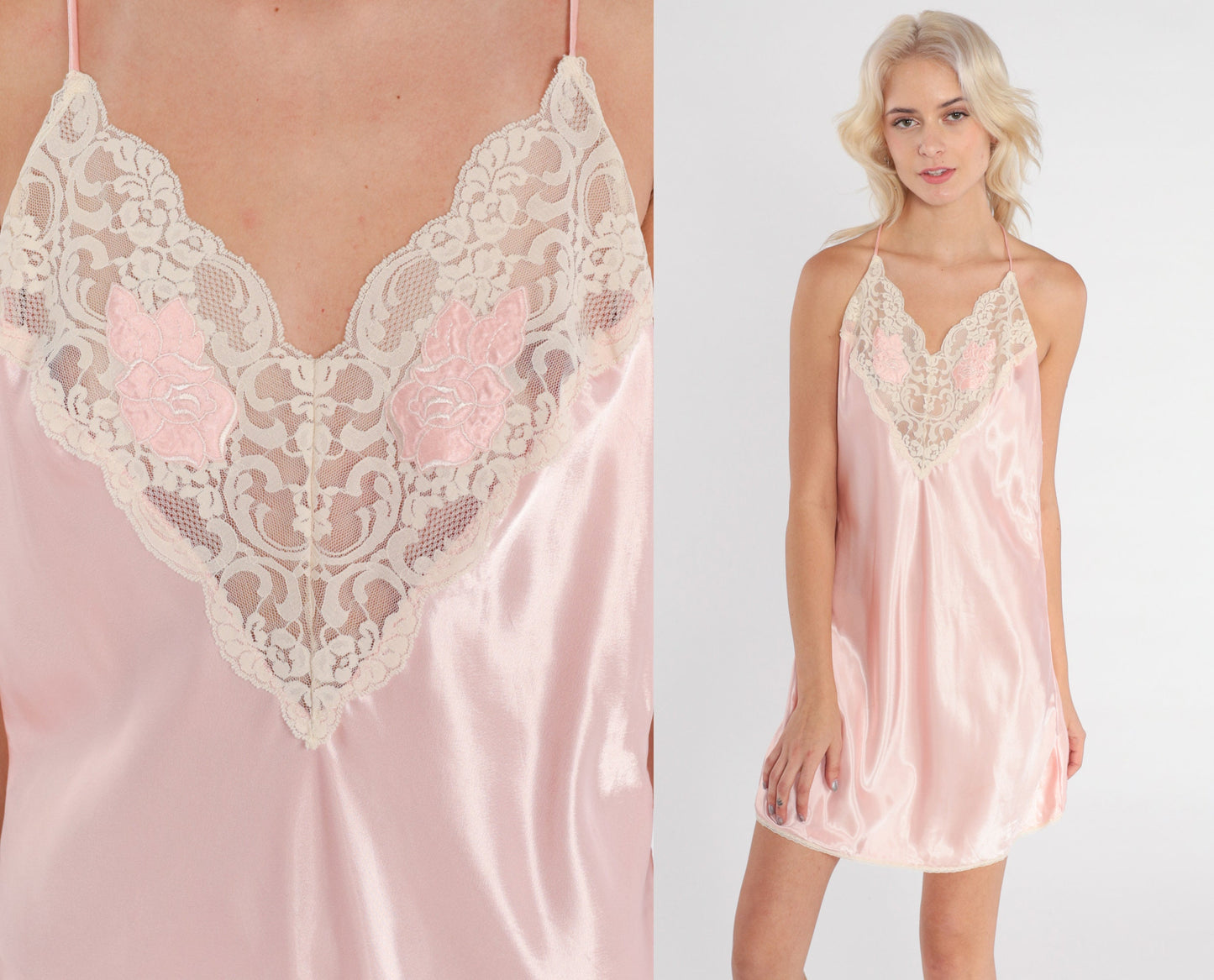 80s Pink Floral Lace Slip Dress Spaghetti Strap Low Back Mini Small