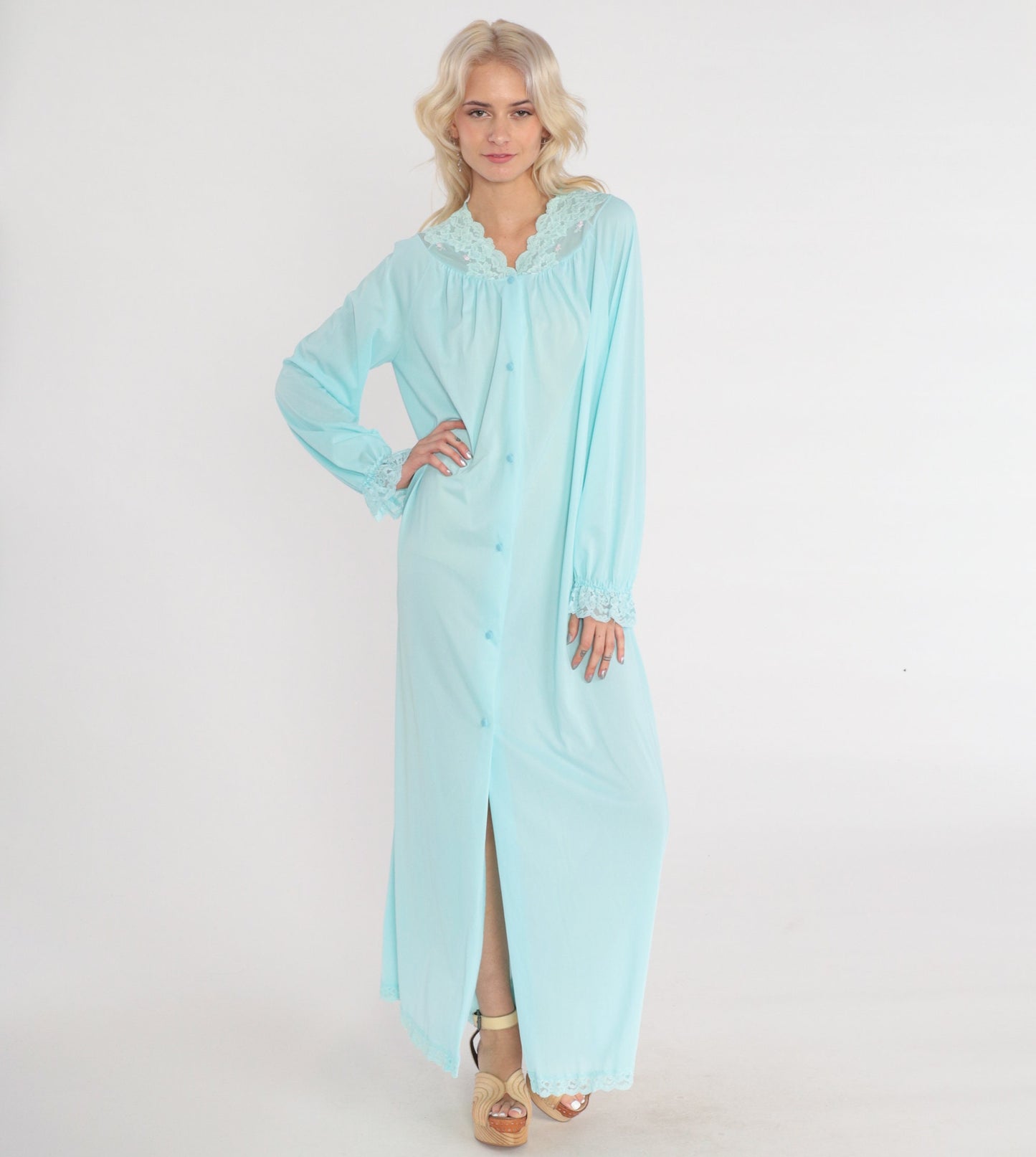 70s Blue Nylon Pajama Robe Maxi Lace Trim Button Front Bed Jacket Medium M