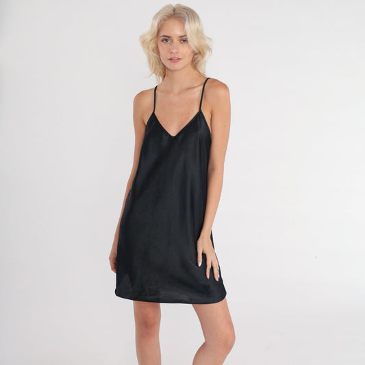 90s Black Satin Slip Dress V-Neck Spaghetti Strap Mini Medium