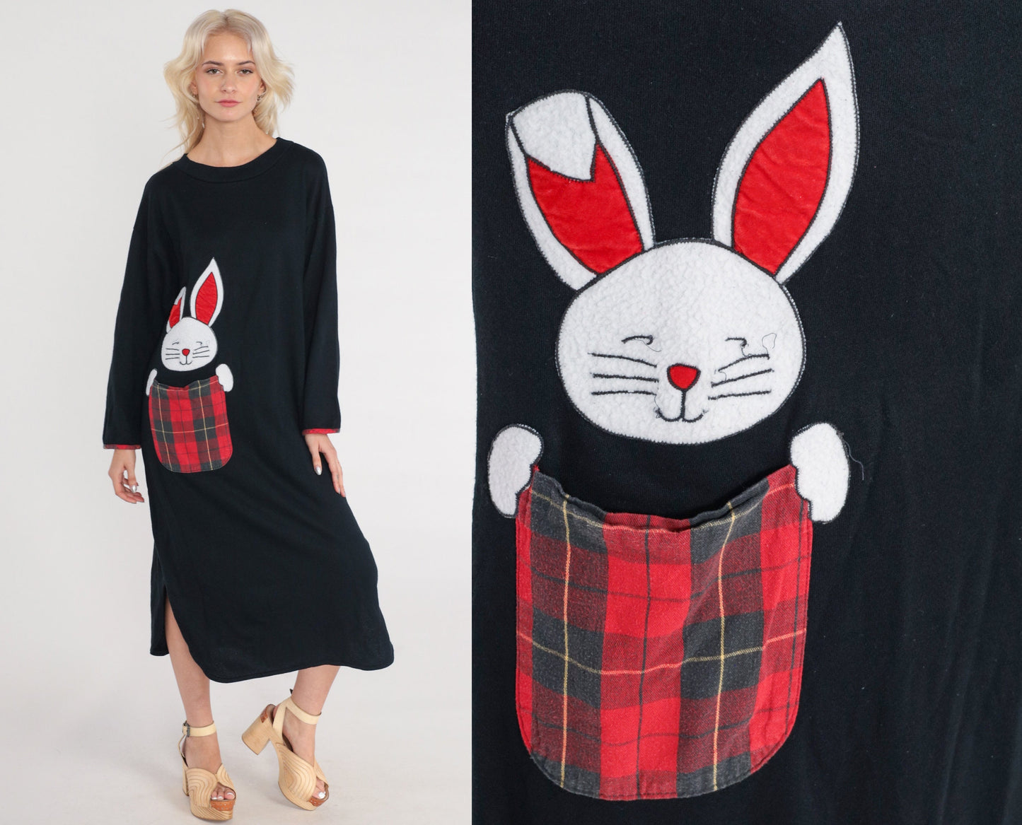 90s Bunny Pajama Dress Black Plaid Pocket Midi Nightgown Long Sleeve Small