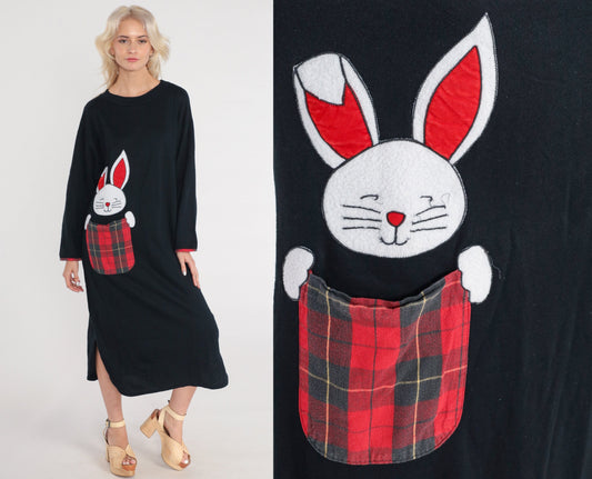 90s Bunny Pajama Dress Black Plaid Pocket Midi Nightgown Long Sleeve Small