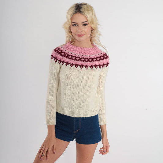 70s Fair Isle Sweater Cream Pink Nordic Knit Crewneck Extra Small