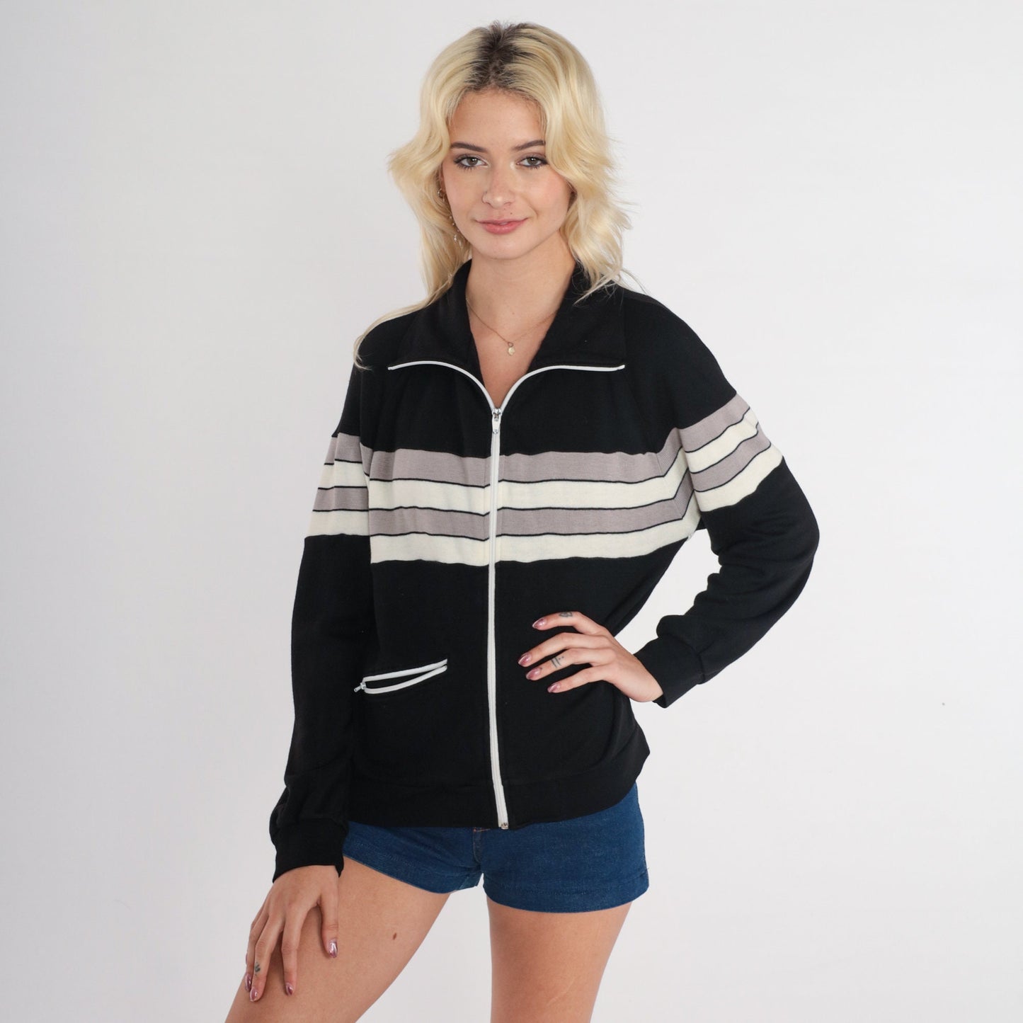 80s Black Track Jacket Striped Zip-Up Taupe White Medium