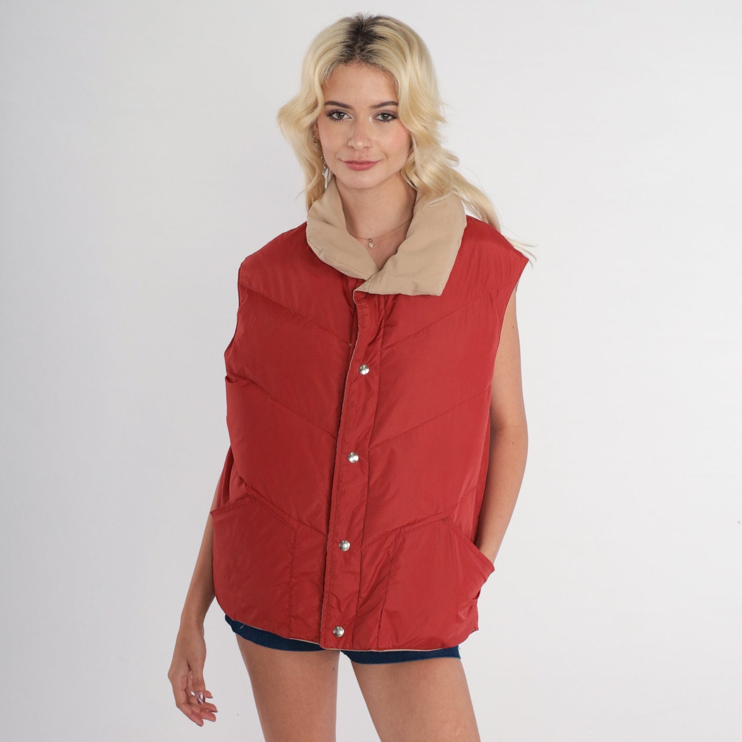 70s Reversible Puffer Vest Rust Brown Tan Down Nylon Snap Sleeveless Large
