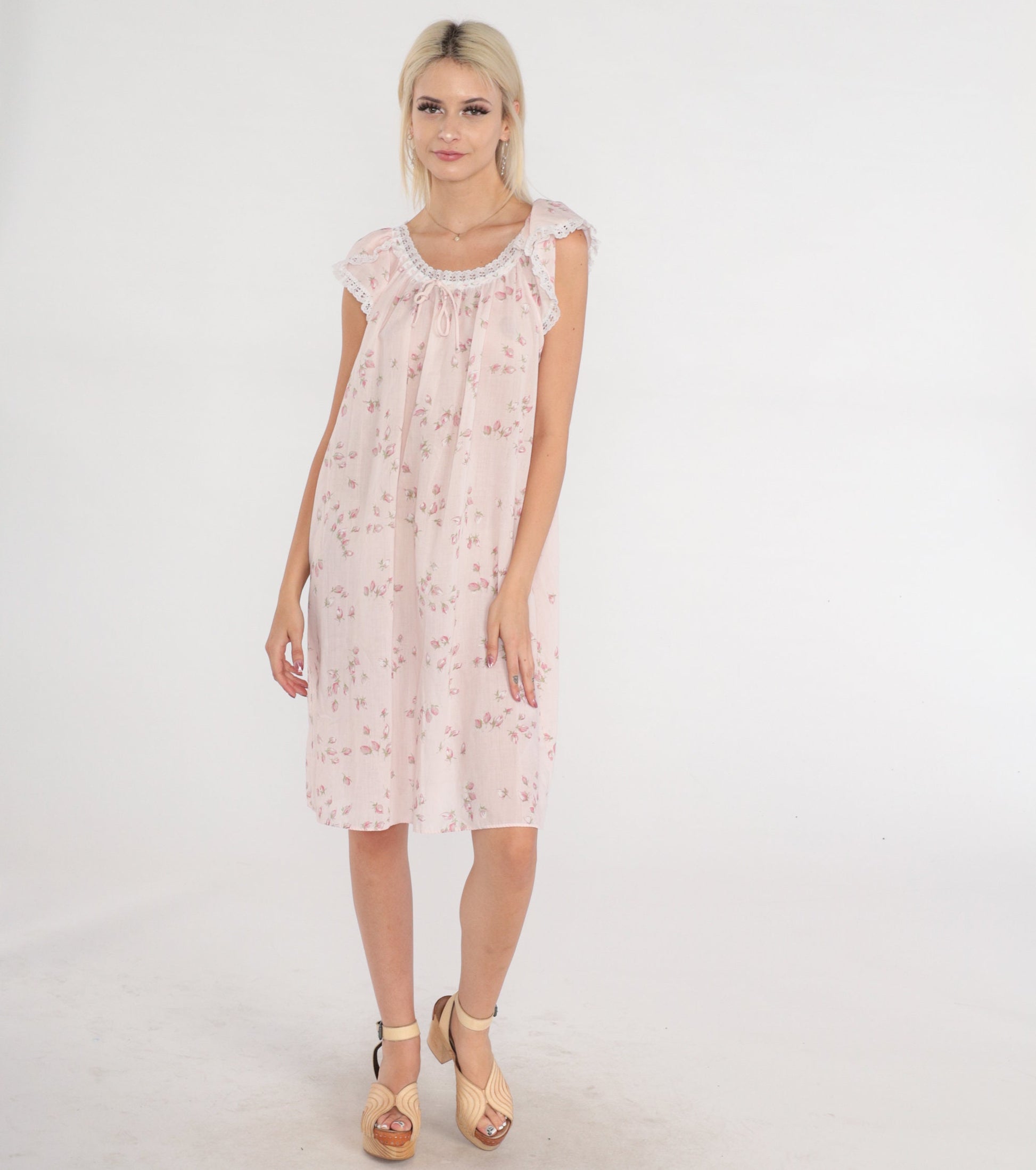 80s Floral Shift Dress Baby Pink Tulip Sleeve Lace Trim Midi Medium