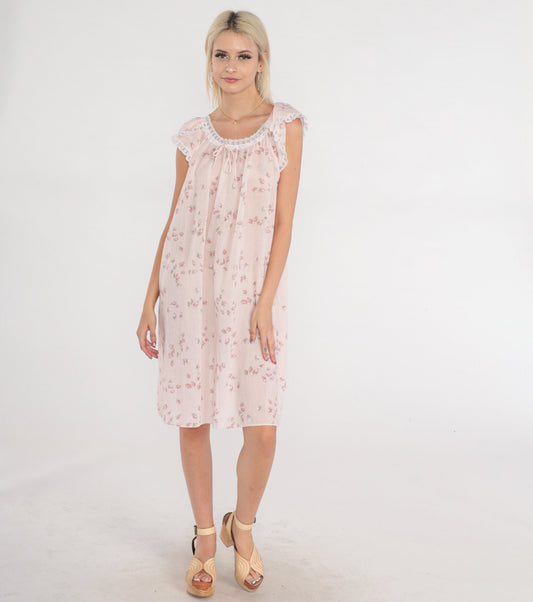 80s Floral Shift Dress Baby Pink Tulip Sleeve Lace Trim Midi Medium