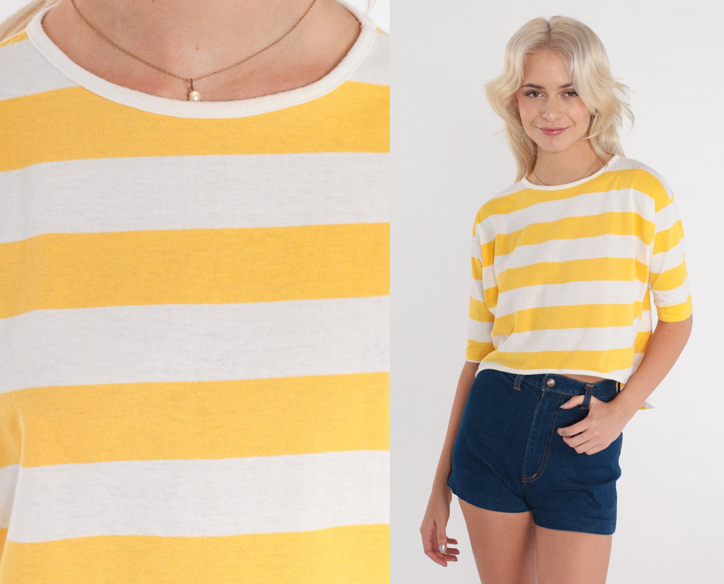 90s Yellow & White Striped Crop Top Half Sleeve Cotton Tee Medium