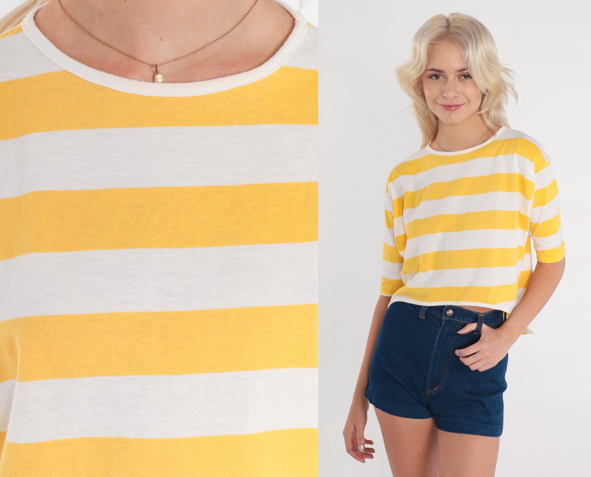 90s Yellow & White Striped Crop Top Half Sleeve Cotton Tee Medium