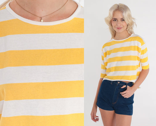 90s Yellow & White Striped Crop Top Half Sleeve Cotton Tee Medium