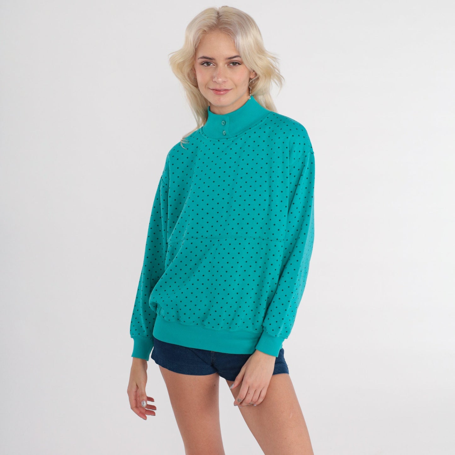 90s Polka Dot Mock Neck Sweatshirt Turquoise Green Small S