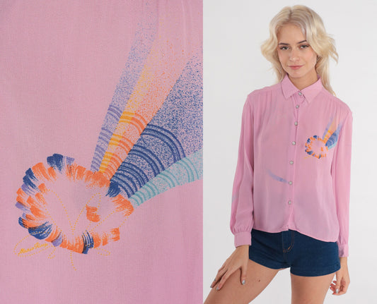 70s Lavender Abstract Print Button Up Blouse Long Sleeve Viscose Extra Small