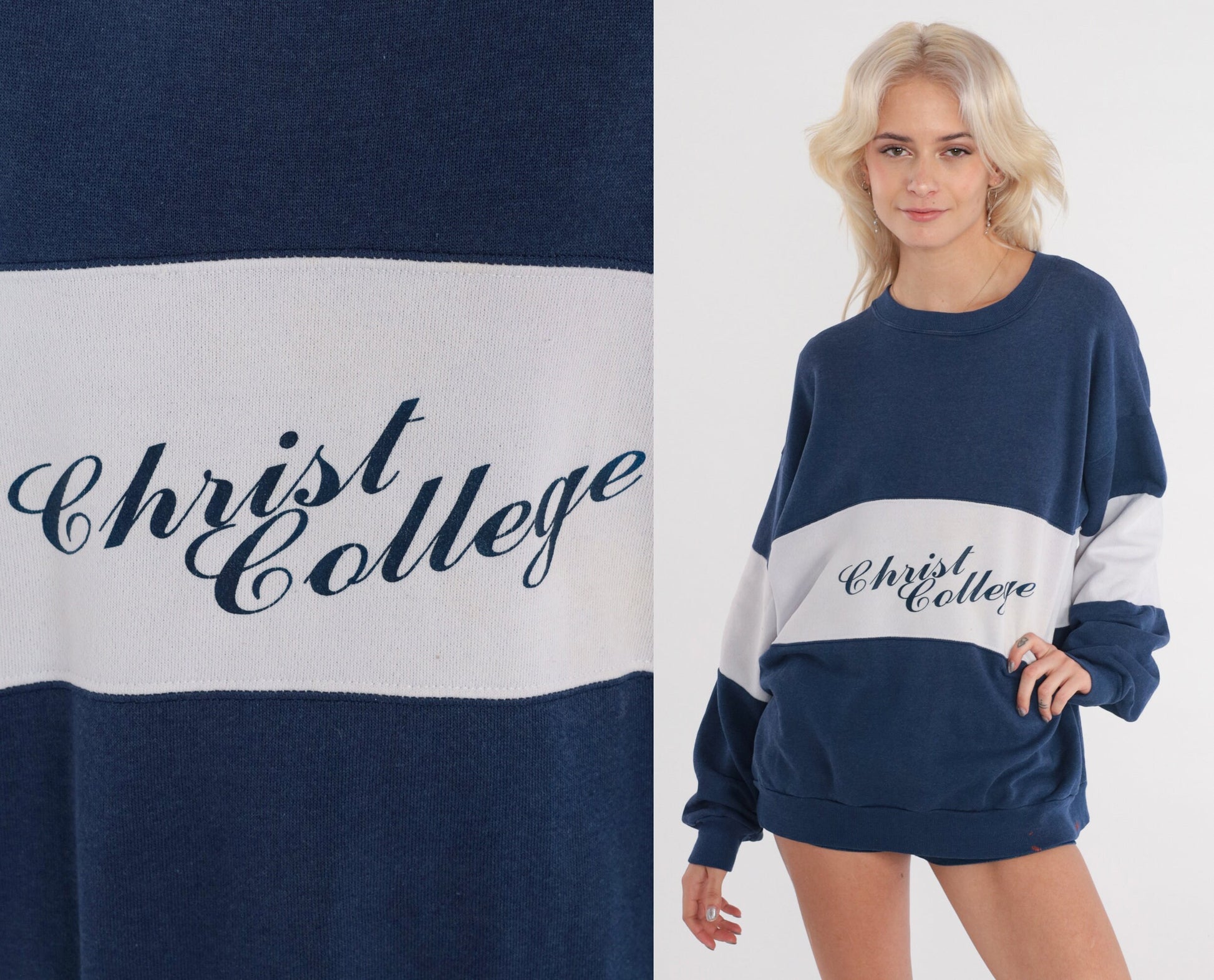 80s Christ College Cincinnati Navy Sweatshirt Distressed Drop Shoulder Extra Large