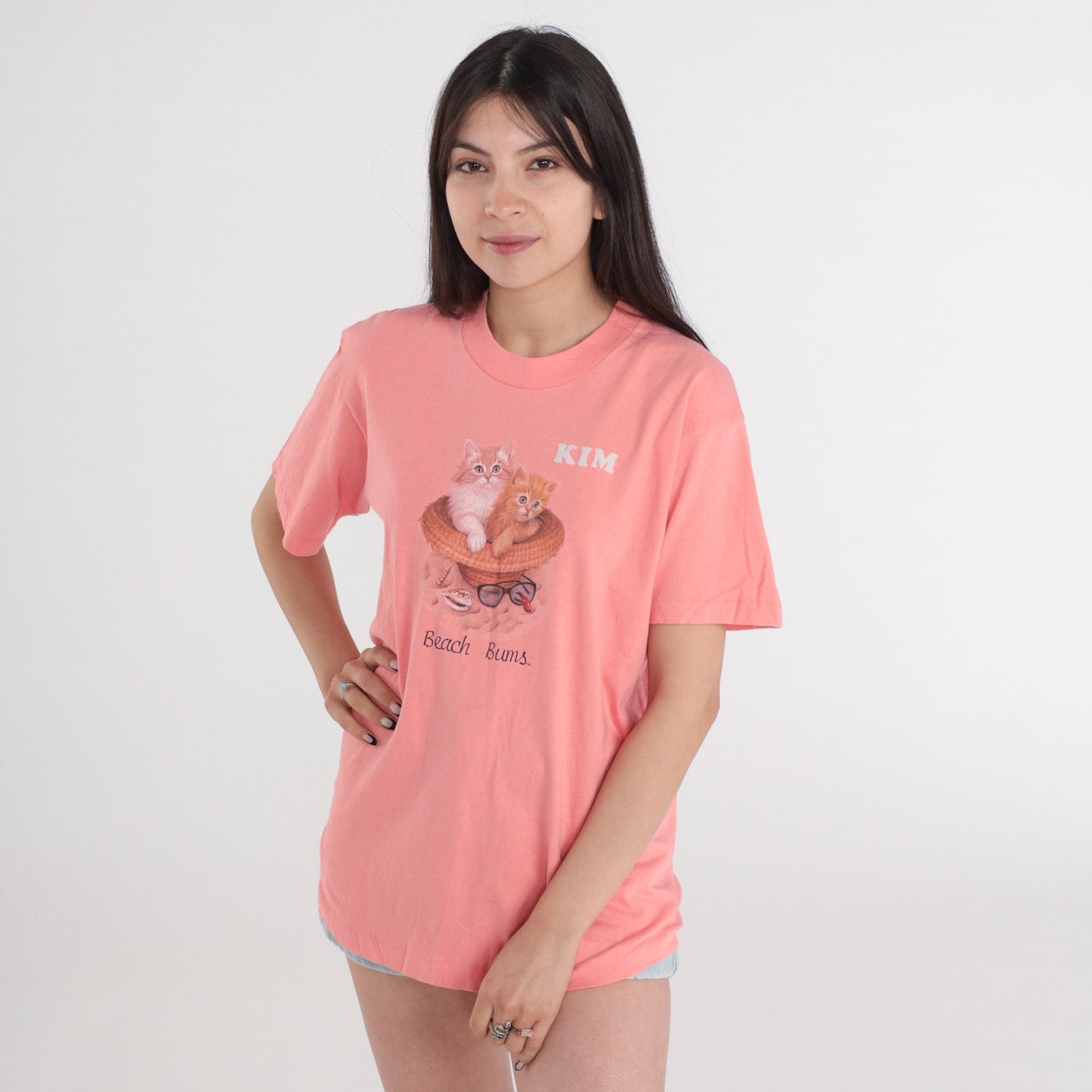 90s Beach Bums Cat Graphic T-Shirt Pink Kitten Tee Medium