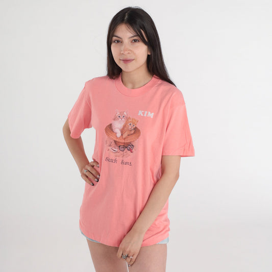 90s Beach Bums Cat Graphic T-Shirt Pink Kitten Tee Medium