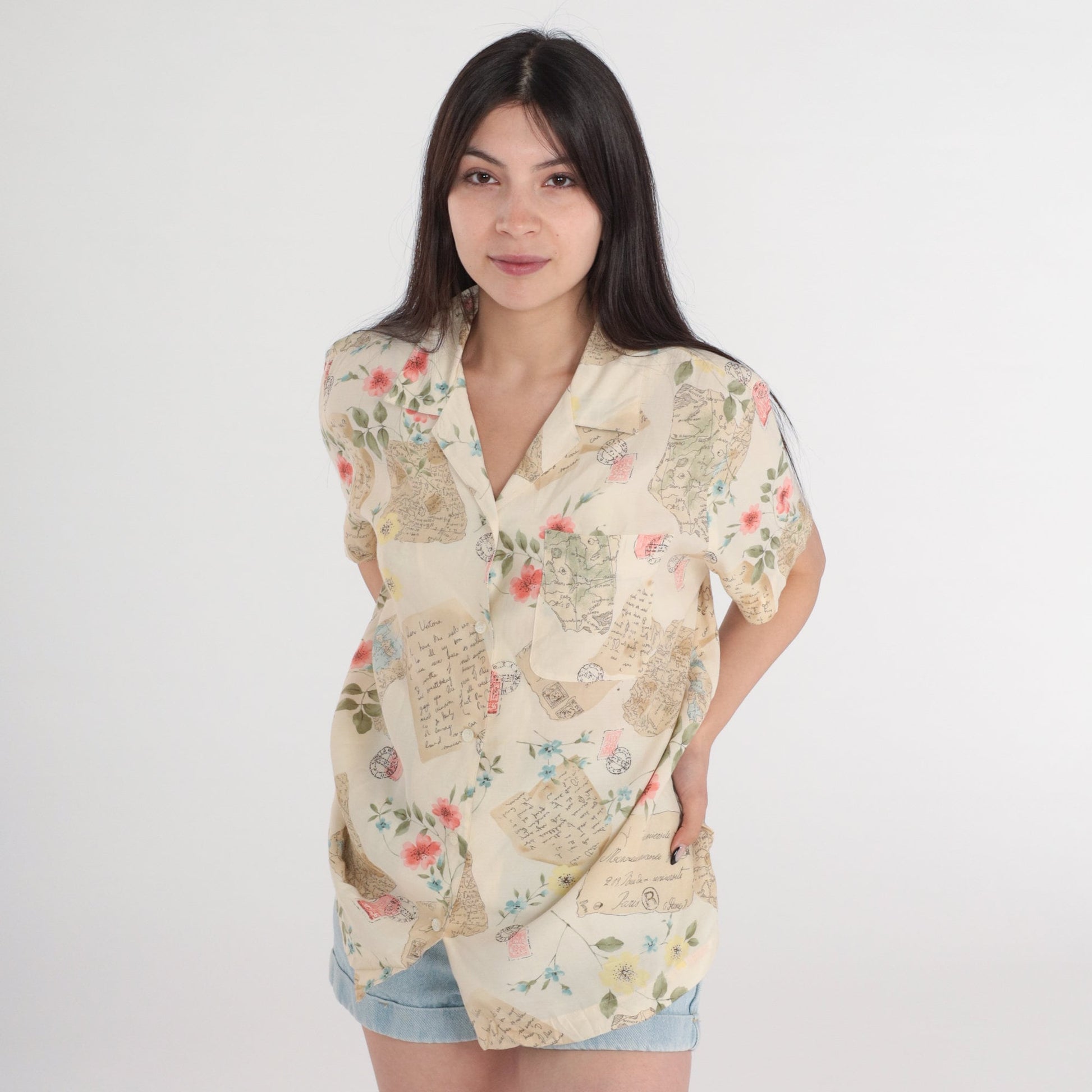 90s Liz Claiborne Travel Print Button-Up Blouse Cream Floral Postcard Shirt Large