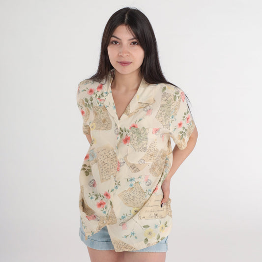 90s Liz Claiborne Travel Print Button-Up Blouse Cream Floral Postcard Shirt Large