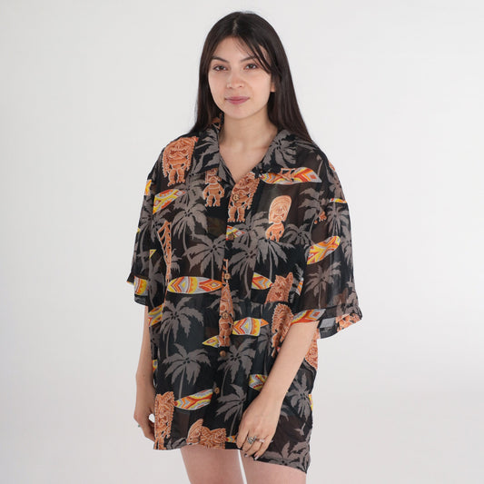 Y2K Hawaiian Tiki Surfboard Button-Up Shirt Black Extra Large XXL