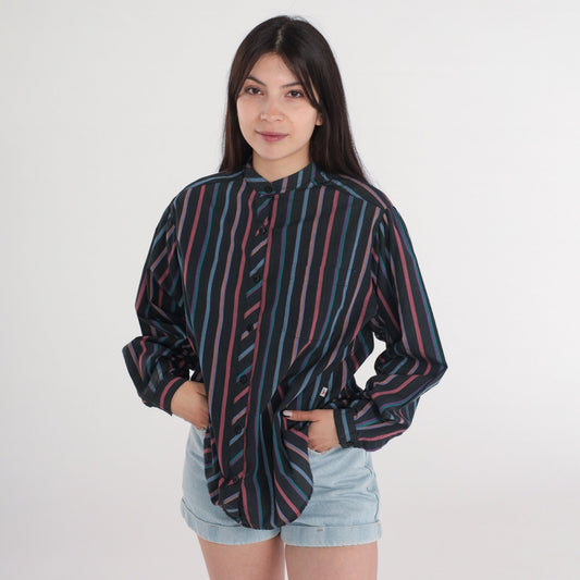 90s Black Striped Button-Up Blouse Chest Pocket Long Sleeve Medium