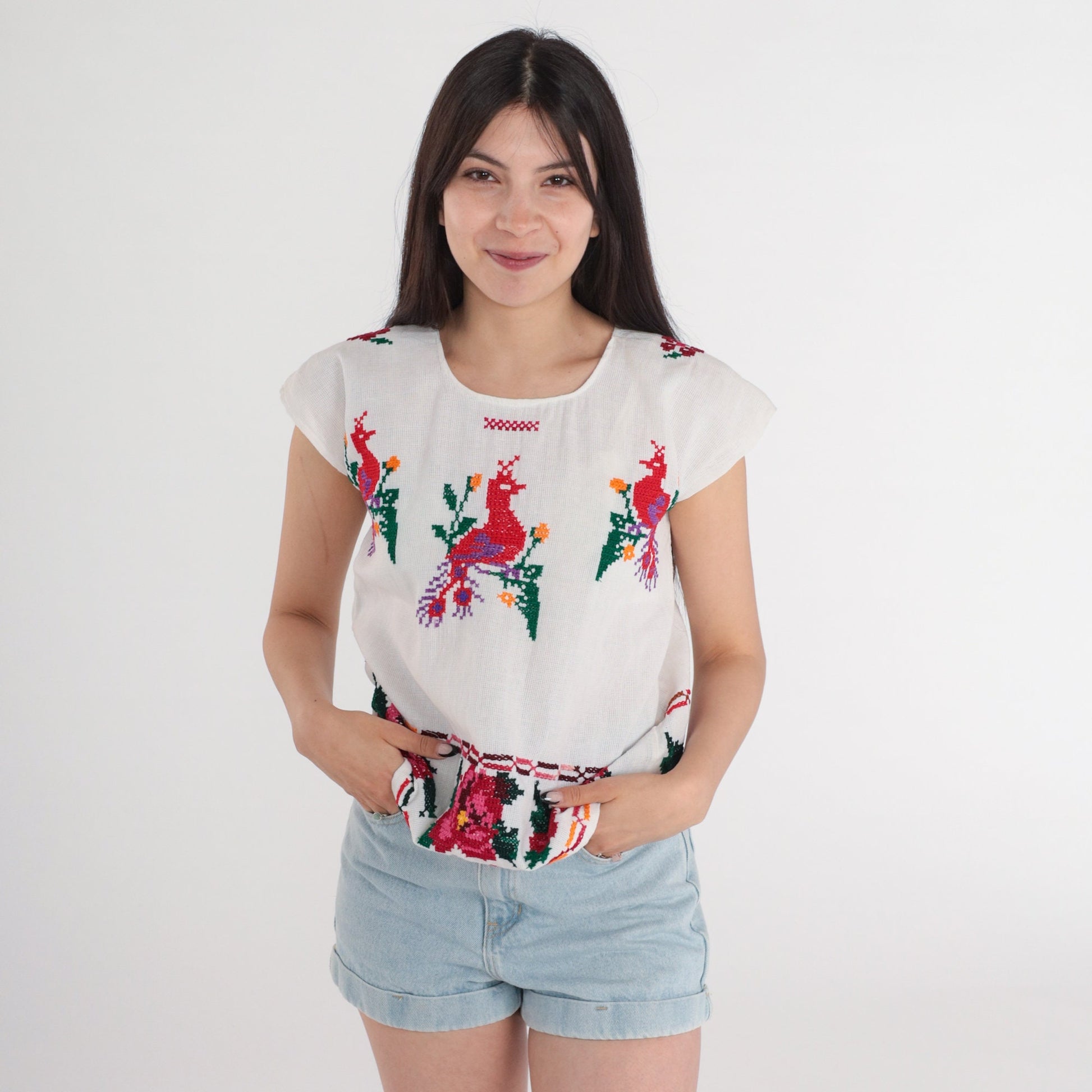 1990s Mexican Embroidered Peacock Blouse White Cotton Tunic Extra Small