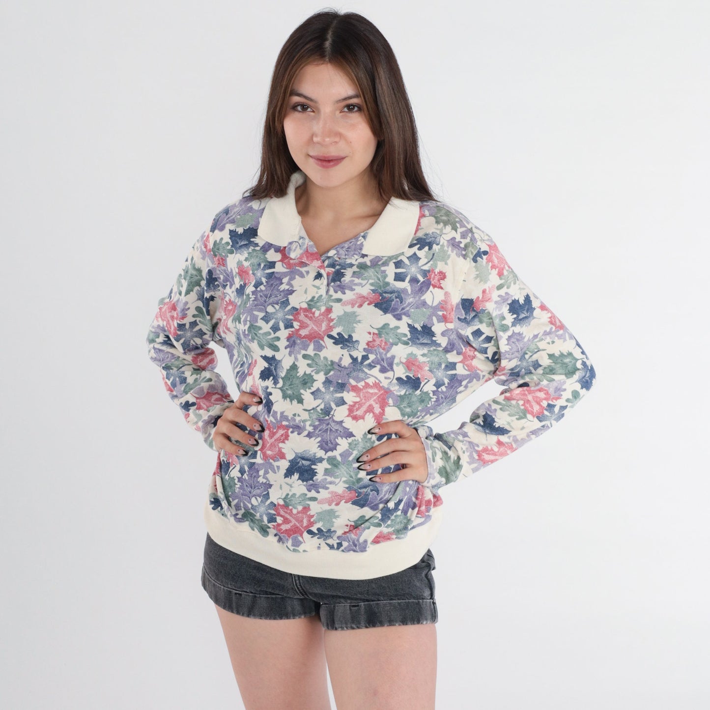 90s Leaf Print Collared Sweatshirt Blair Polo Cream Multi Large L
