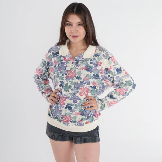 90s Leaf Print Collared Sweatshirt Blair Polo Cream Multi Large L