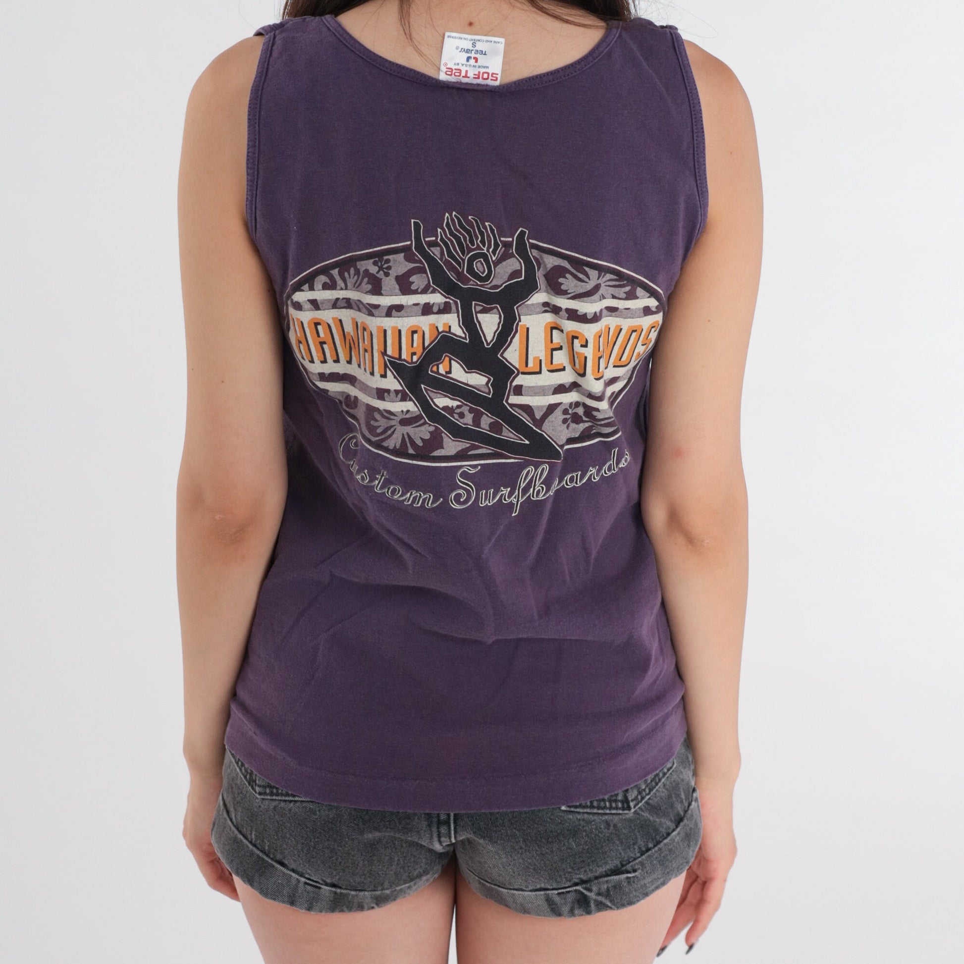 90s Hawaiian Legends Surf Graphic Tank Top Purple Cotton Small S