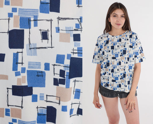 90s Geometric Square Print Blouse Short Sleeve White Blue Beige Large L