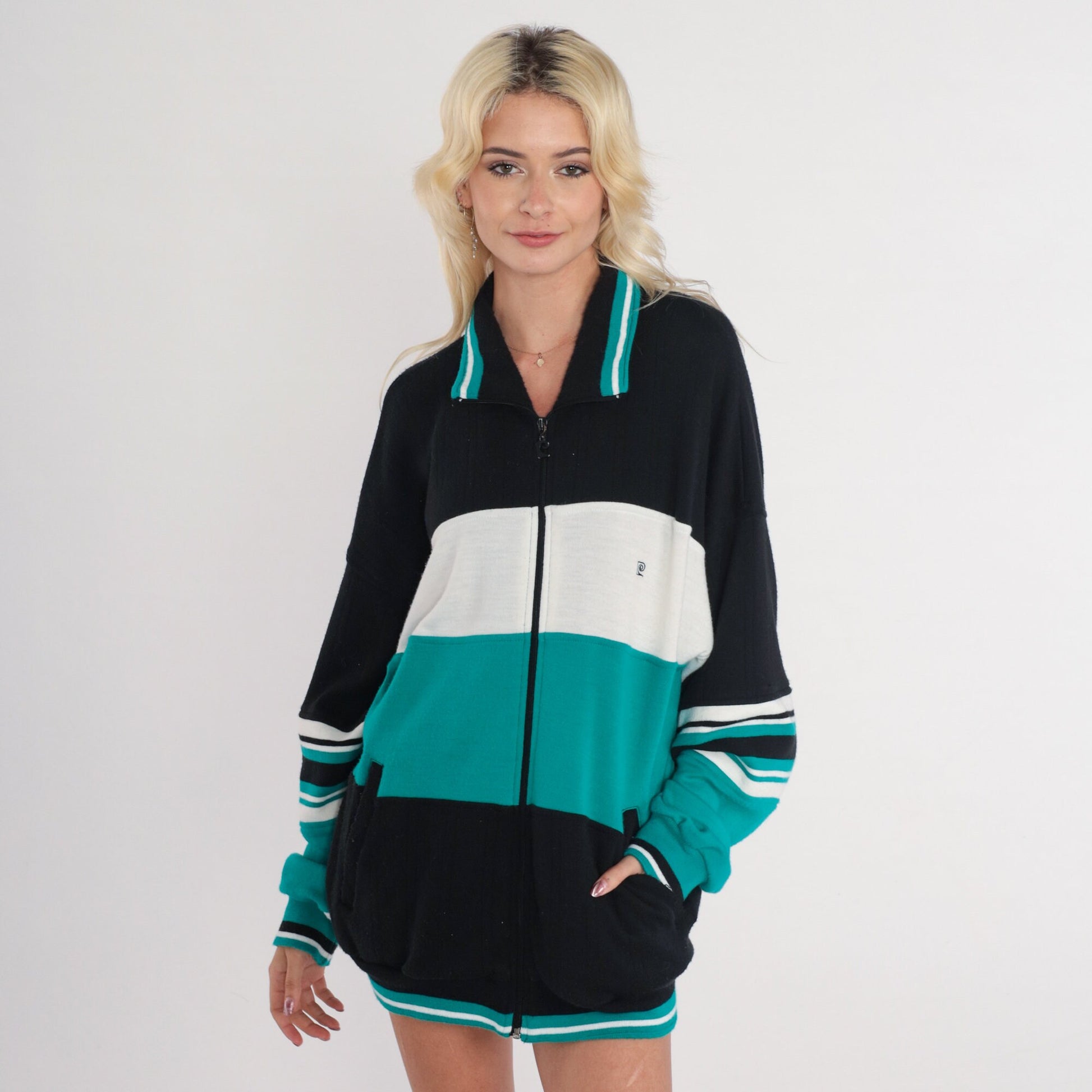 80s Pierre Cardin Track Jacket Striped Zip Up Black White Green Extra Large XXL