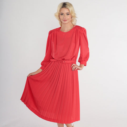 80s Red Diamond Print Midi Dress Puff Sleeve High Waisted Belted Small Medium