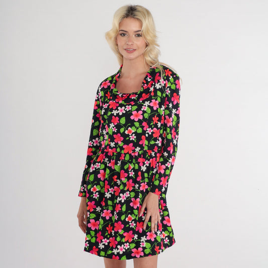 70s Black Floral Mini Dress Long Sleeve Ruffled Neck High Waisted Medium