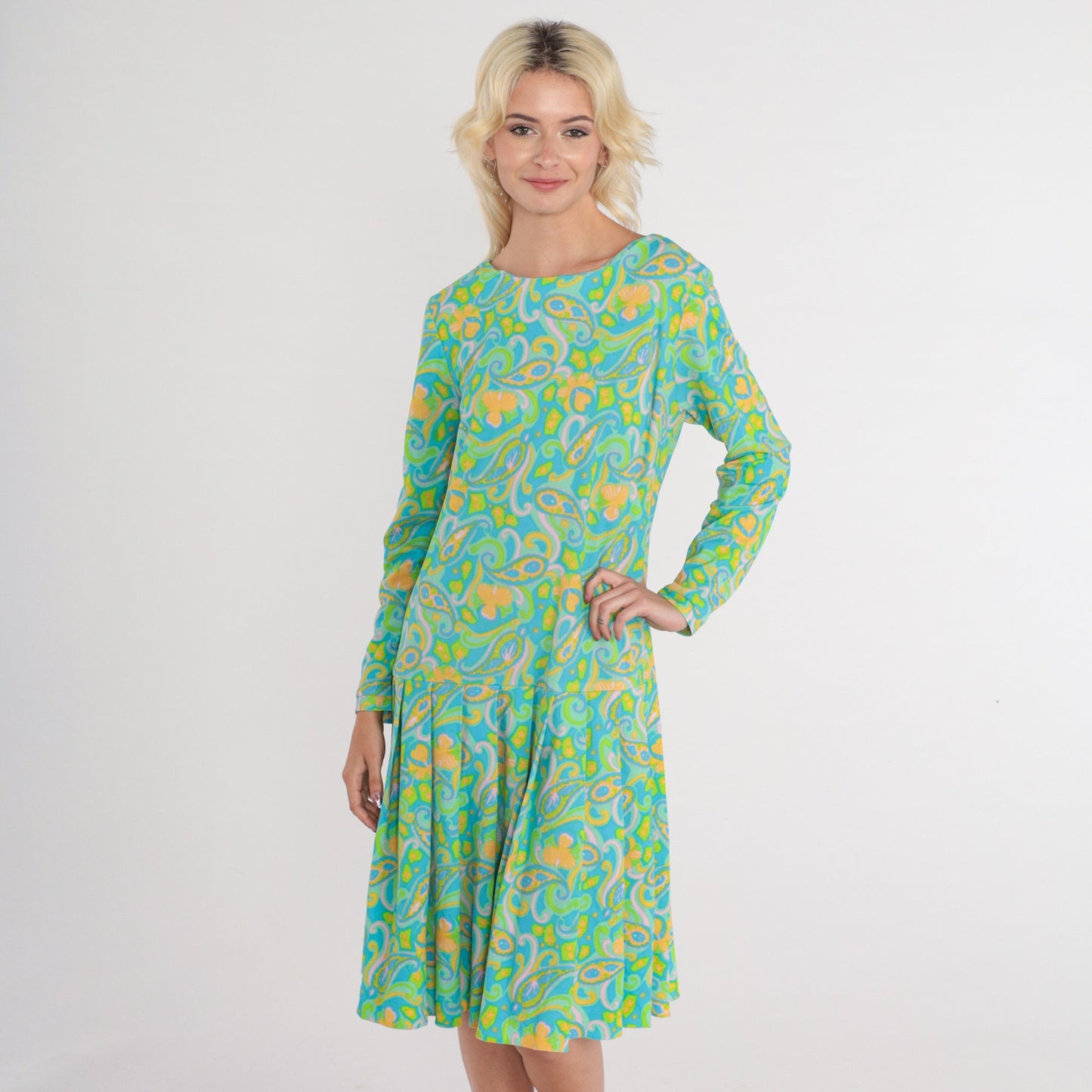 70s Green Paisley Midi Dress Long Sleeve Drop Waist Pleated Large L