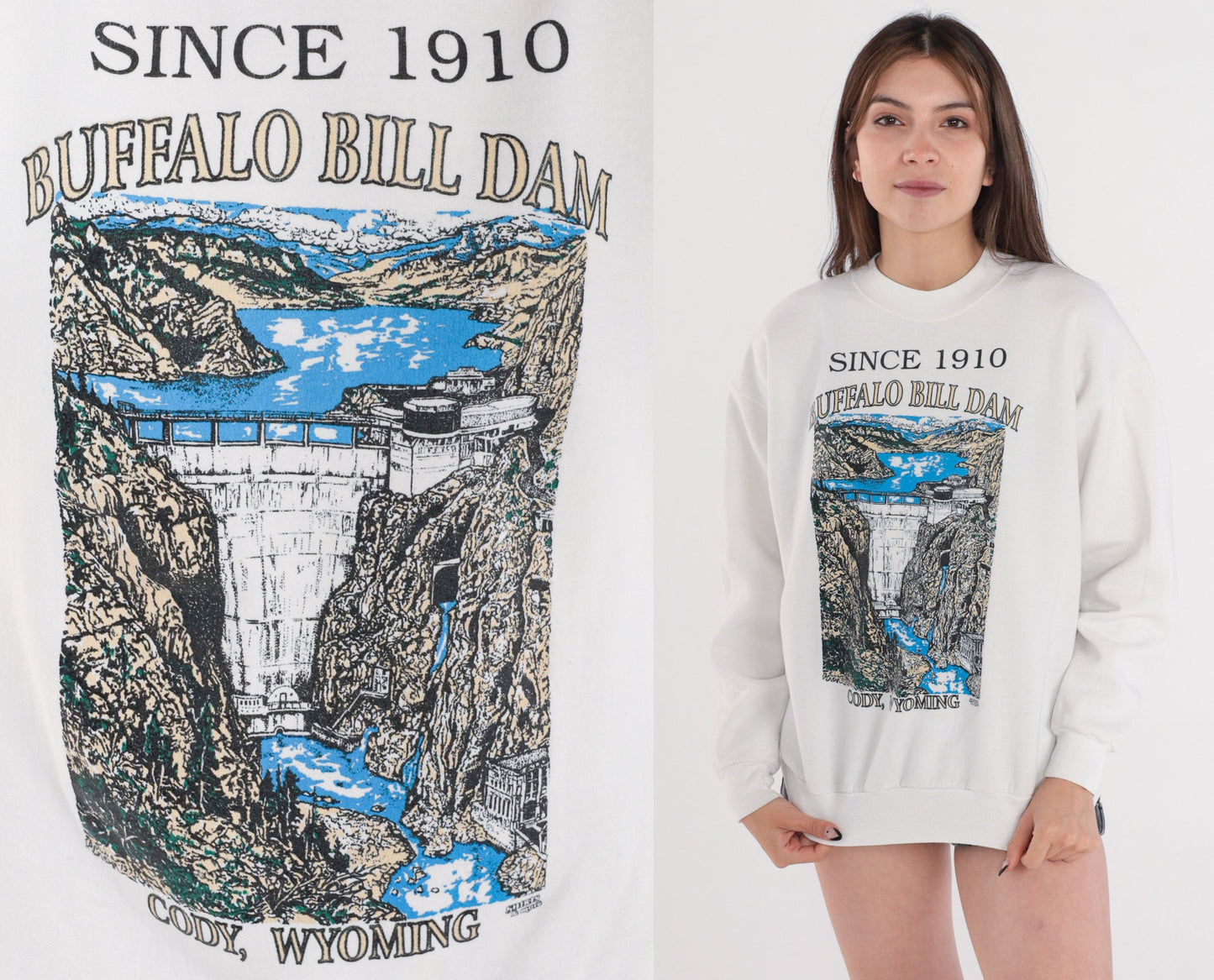 90s Buffalo Bill Dam Cody Wyoming Graphic Sweatshirt White Medium