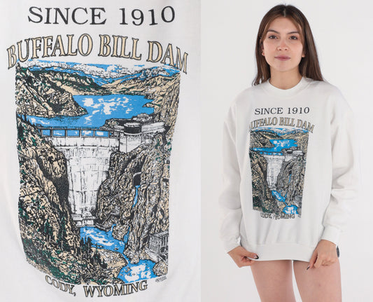 90s Buffalo Bill Dam Cody Wyoming Graphic Sweatshirt White Medium