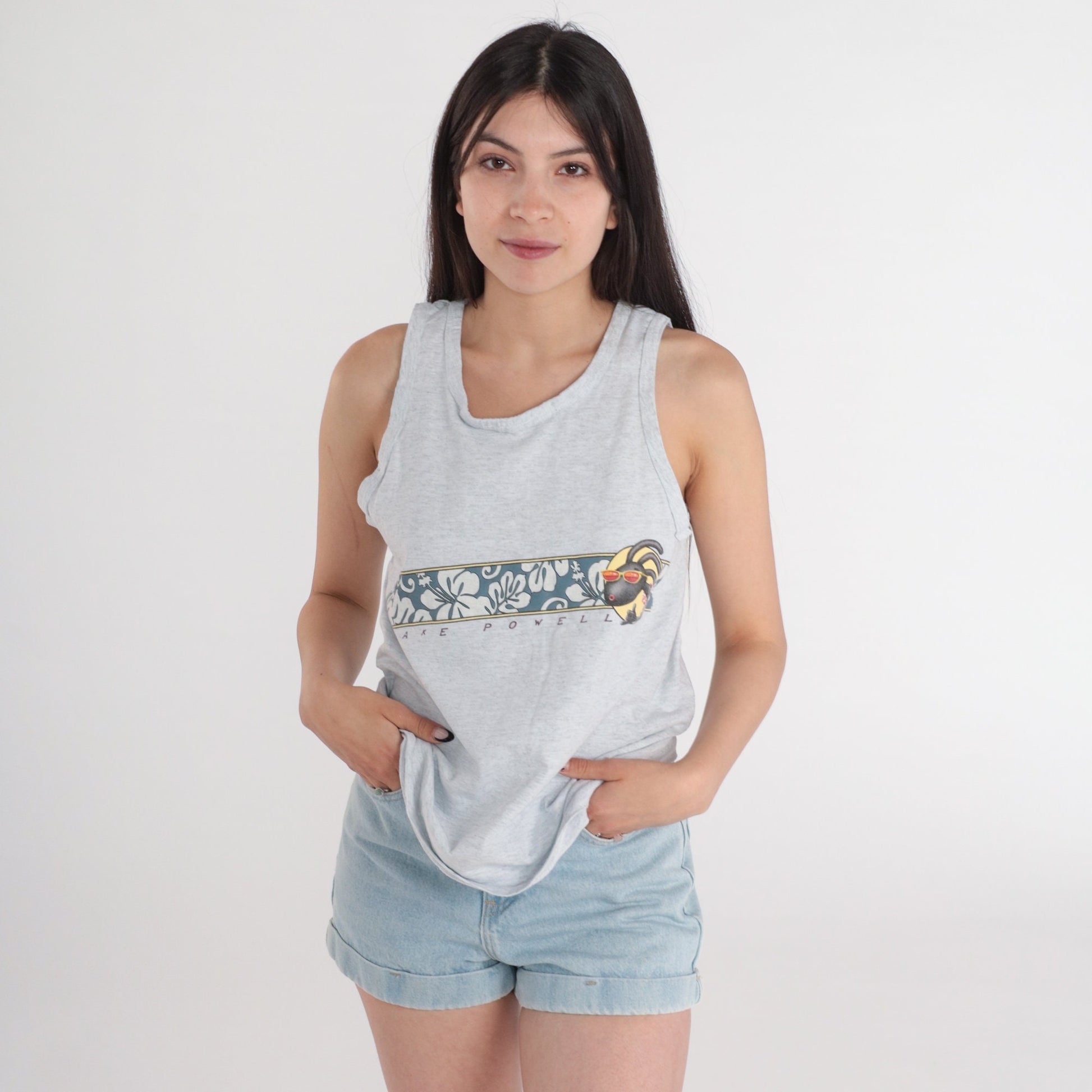 90s Lake Powell Fish Graphic Tank Top Heather Grey Small
