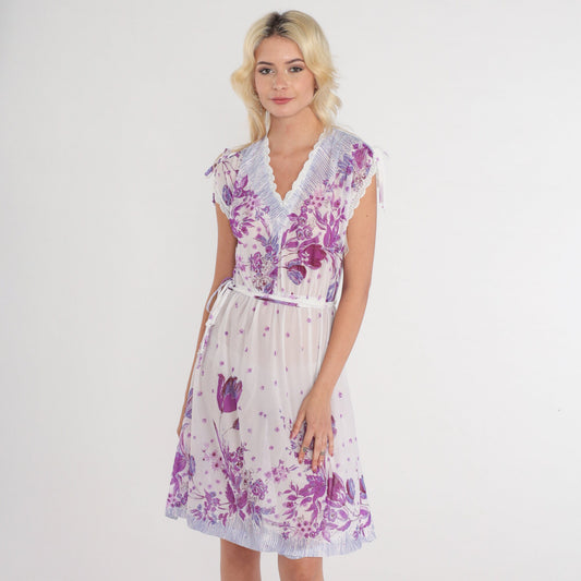 80s White Purple Tulip Floral Mini Dress Lace Trim V Neck High Waisted Extra Small