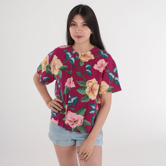 90s Liz Claiborne Floral Button-Up Blouse Fuchsia Pink Short Sleeve Medium