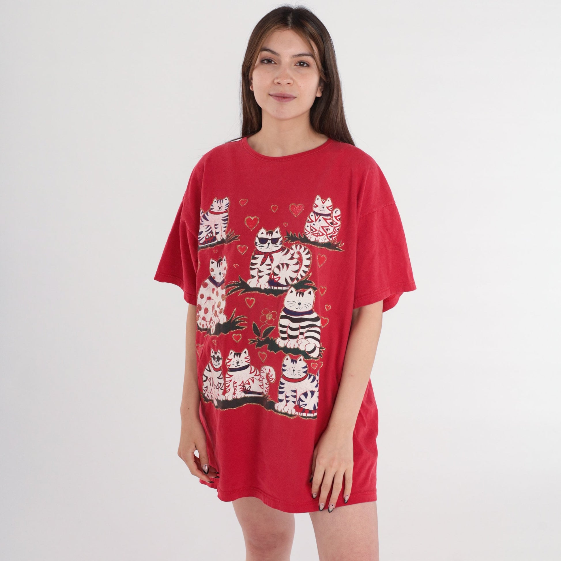 90s Glitter Cat T-Shirt Dress Red Graphic Sleep Shirt Mini One Size
