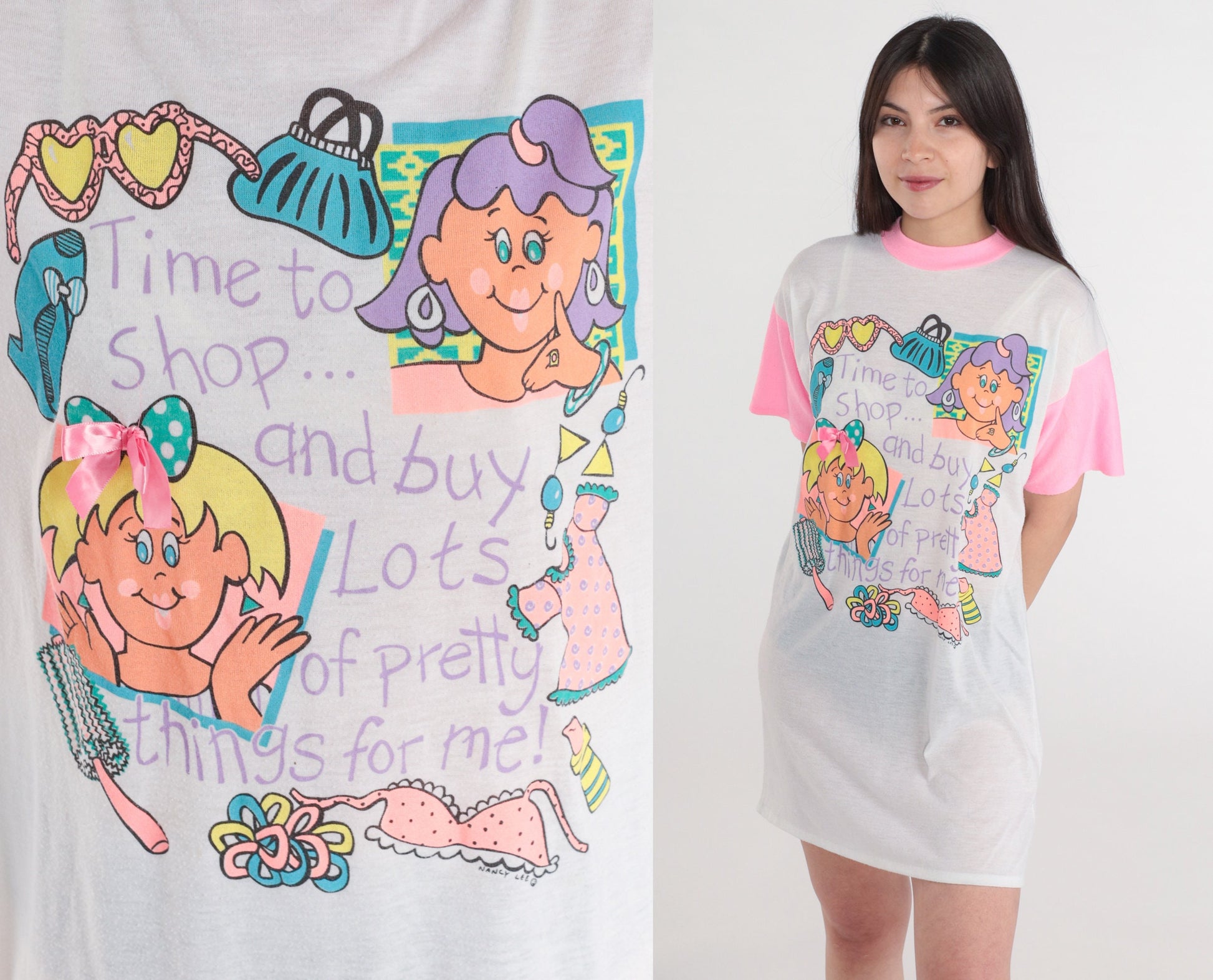 90s Time To Shop Graphic Nightgown Hot Pink Ringer Dress Small Medium