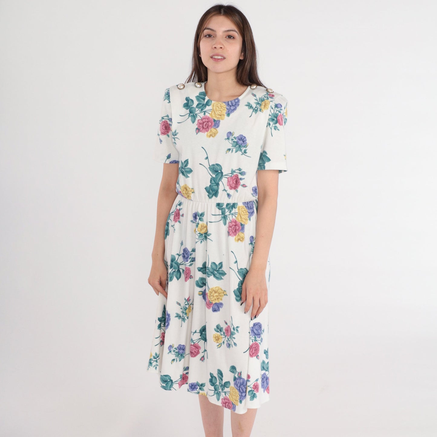 80s White Floral Midi Dress High Waist Puff Sleeve Button Shoulder Small
