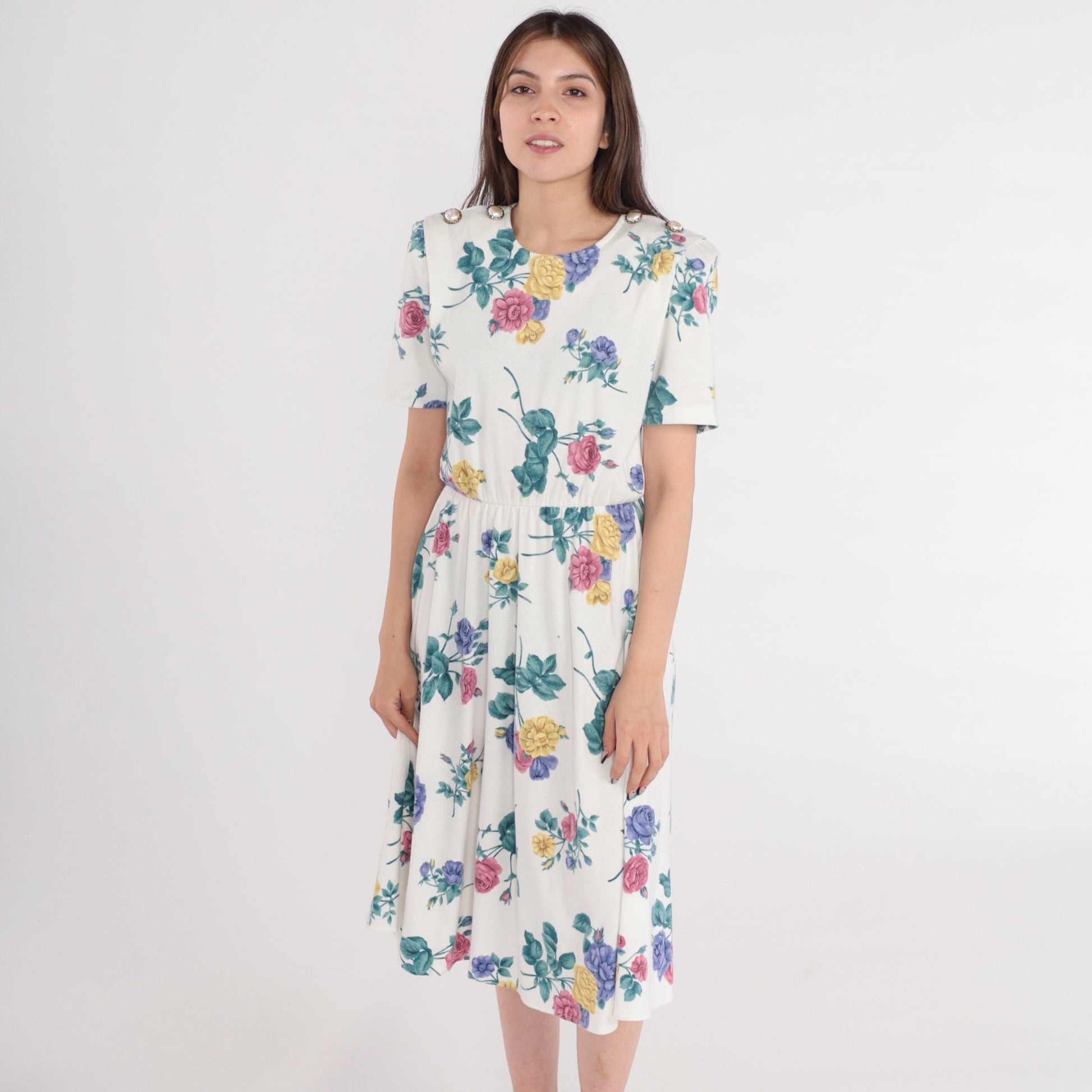 80s White Floral Midi Dress High Waist Puff Sleeve Button Shoulder Small